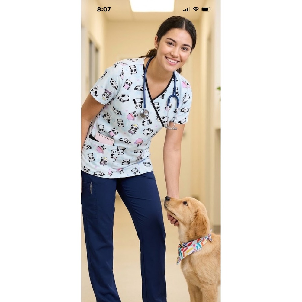 Zoe + Chloe Panda Print Scrub Top Blue V-Neck Mock Wrap Medical Uniform Large